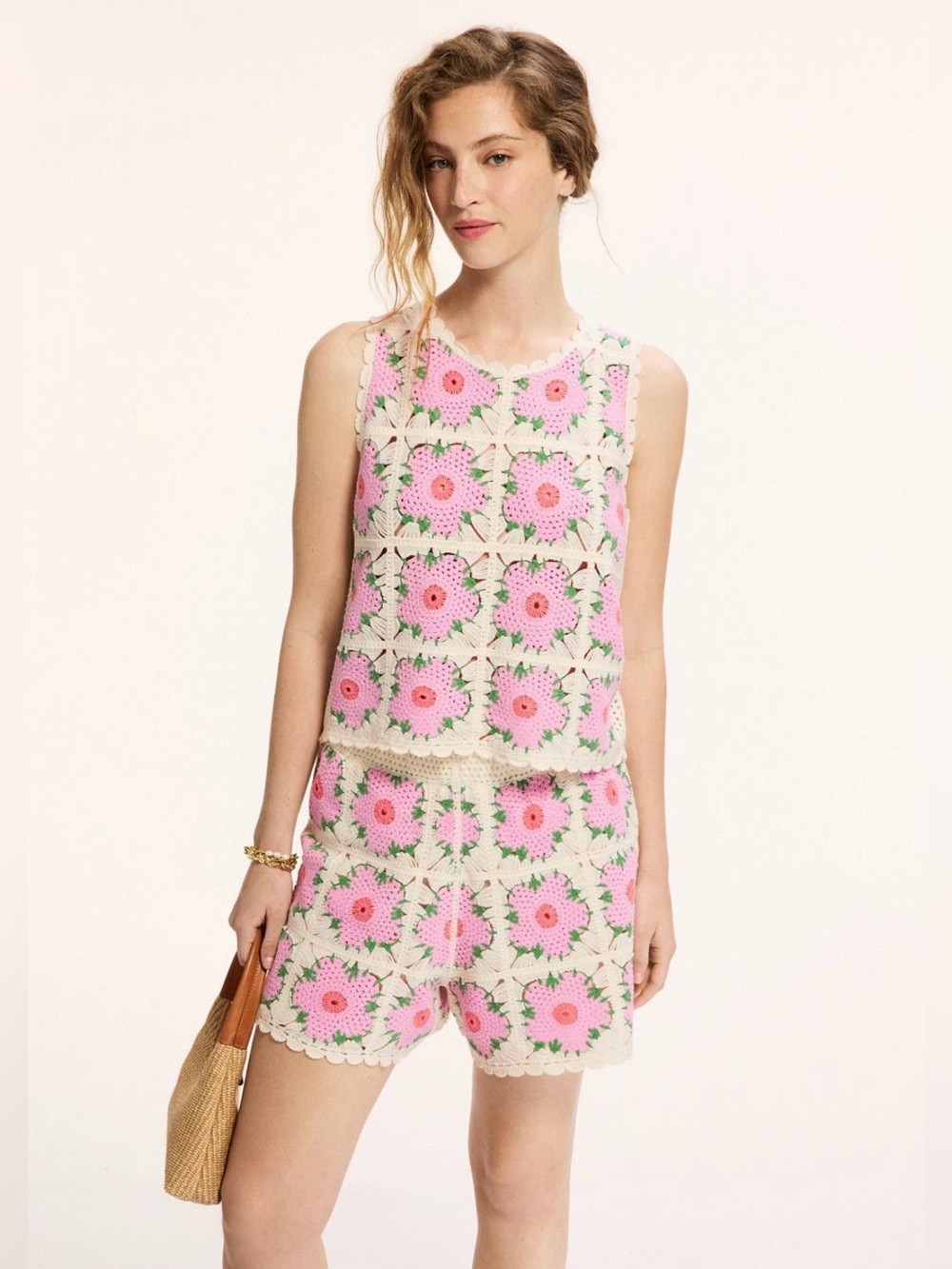CeCe Crochet Pink & White Flower Matching Boho Tank Top & Short Set - Size Large